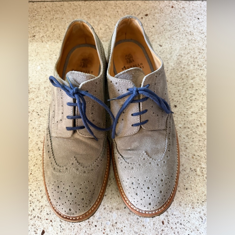 Brunello Cucinelli Men's Suede Brogue Shoes with Blue Laces size 44  / 10 1/2